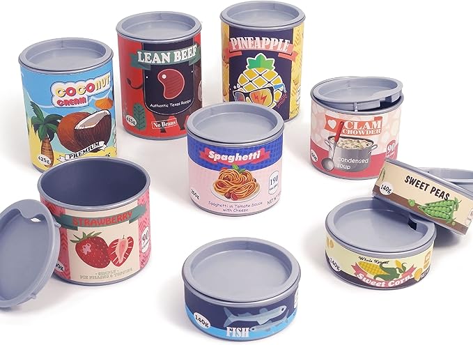 U DREAM Pretend Play Food Sets, Toy Canned Food for Kids, Play Kitchen Accessories, Grocery Store Pretend Play Food, 9 PCS Removable Lids.