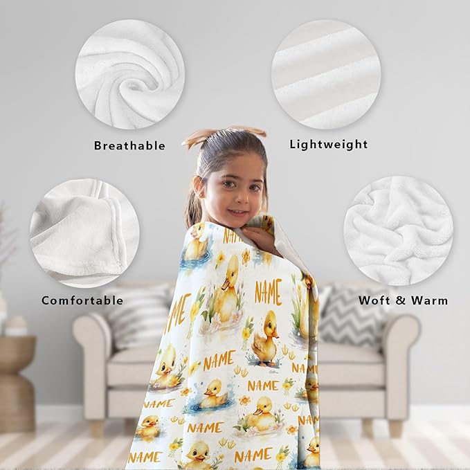Custom Name Flower And Ducks Adult duck Blanket Kids Funny Blanket Suitable for bedroom bed sofa Crib Couch Chair outdoor All Season Items That Yellow Duck Lovers Will Love 90”×120 ”for Family