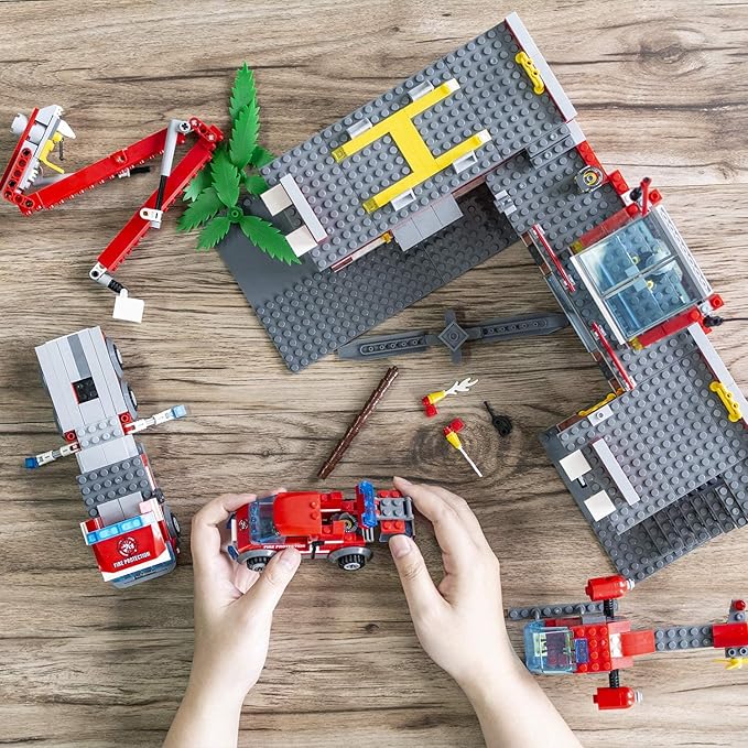 QLT QIAOLETONG City Fire Station Building Kit, 774 Pcs Building Set Including Fire Station, Fire Truck, Fire Helicopter,Fire Fighter, City Building Blocks STEM Toys Gift for Boys 6-10 Years Old.