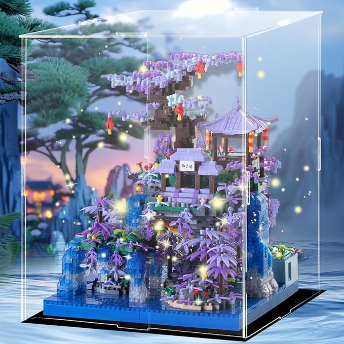 Peach Blossom Pond Japanese Architecture Building Blocks Set for Adults and Kids with Acrylic Display Cover, Micro Mini Bricks Cherry Blossom Tree House Building Kit 2500+PCS