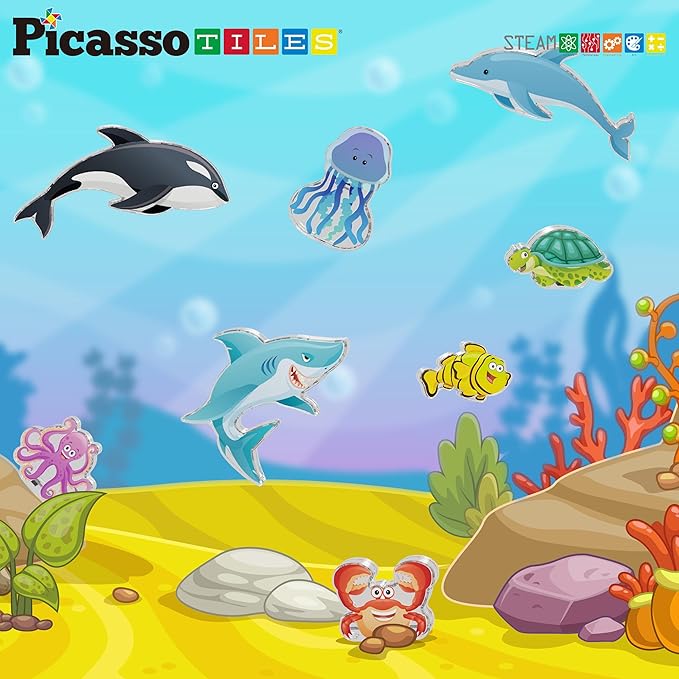 PicassoTiles Magnet Tile Building Blocks 8 Marine Animal Action Figures Compatible Magnetic Accessory Playset Tiles Kids Toys STEM Educational Learning Preschool Toddler Girls Boys Age 3+ PTA25