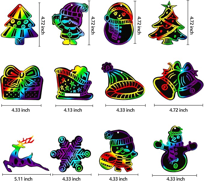 Max Fun Christmas Crafts Scratch Art for Kids, 48PCS Magic Rainbow Scratch Off Paper Cards, Christmas Ornaments Hanging Art for Kids Party Favors Supplies, Stocking Stuffers Educational Toys