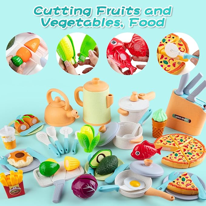 Sundaymot Play Kitchen Accessories Toddler Pretend Cooking Play Pots, with Apron, Toys Pots and Pans, Dishes Cookware Toys, Pre School Learning Educational Toys, Birthday Gifts for Boys and Girls