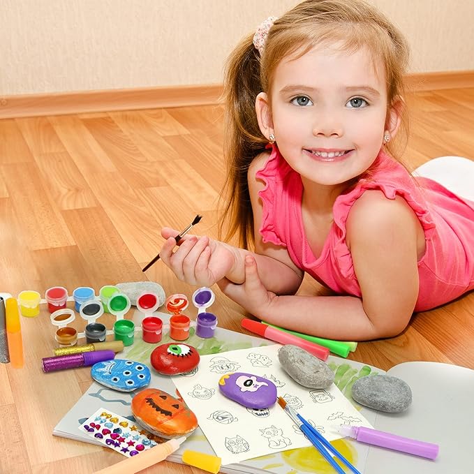 Klever Kits Halloween Rock Painting Kit for Kids, Glow in The Dark Rock Painting with Paint Tubs, Creativity Arts Crafts DIY Supplies Kit for Halloween, Kids Painting Gifts, Family Activity