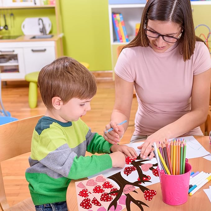 Haooryx Valentine’s Paper Craft Kits - 24-Piece Valentine’s Day Heart Tree Craft Kit DIY Hanging Ornaments with Heart Cards Red Ribbon Glue Points Kids' Classroom Activities Home Decor Exchange Gifts