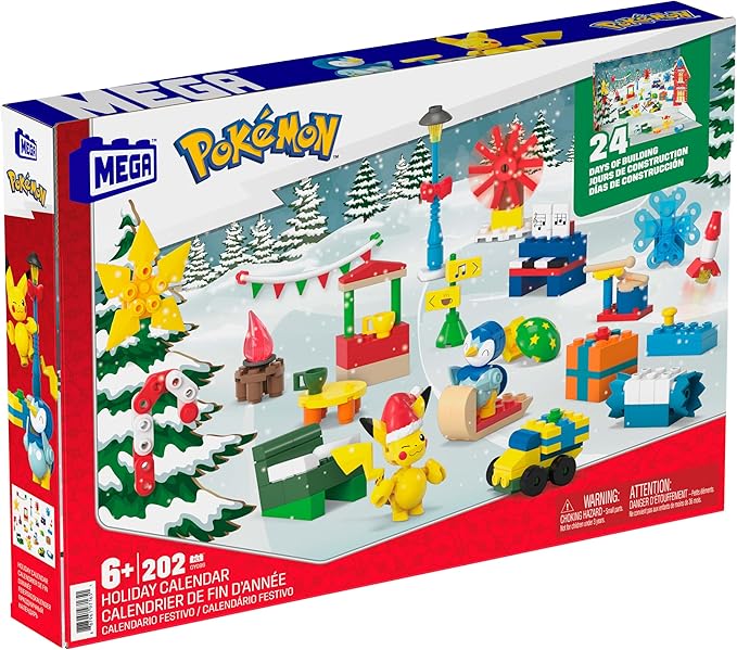 MEGA Pokémon Building Toys Set, Holiday Calendar with 202 Pieces, 2 Poseable Characters and Accessories, for Kids