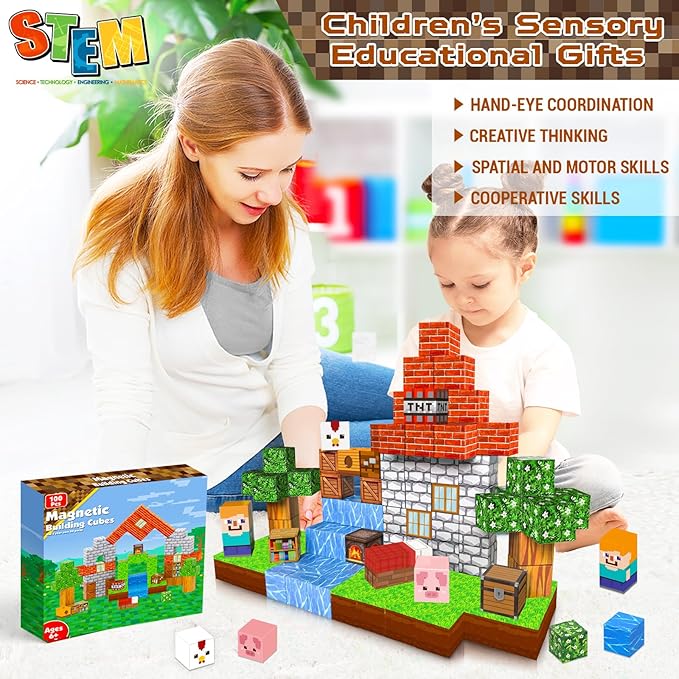 Magnetic Blocks-100PCS Grassland Magnetic Building Blocks Set, Kids Classroom Sensory Toy for Toddlers STEM Learning, Construction Stacking Toy for Kids 3+ Boys and Girls Christmas Birthday Gifts Toys