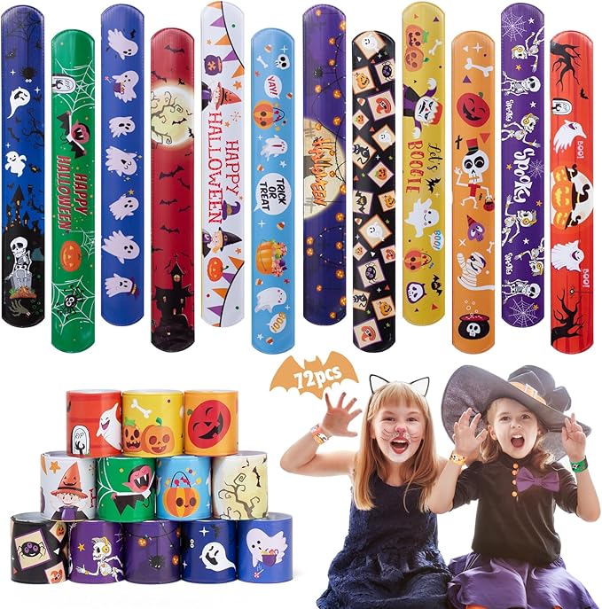 Halloween Bracelets for Kids, 72 PCS Halloween Slap Bracelets Bulk, Halloween Party Favors Toys for Kids, 12 Different Design Bracelets Bulk for Party Favors and Supplies, Halloween Treat Bags Gifts