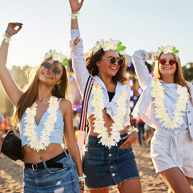 HOBBY HORSE 12 Pieces Hawaiian Luau Flower Leis Halloween Decor Leis White Necklaces Bracelets Headband Anklets Set Tropical Party Favor for Halloween Cosplay Beach Wedding Birthday Party Supplies