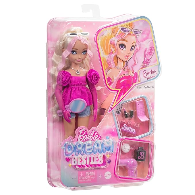 Barbie Dream Besties Doll & Accessories Playset, Malibu” Posable Fashion Doll with Wavy Blonde Hair, 11 Makeup & Hair Themed Pieces