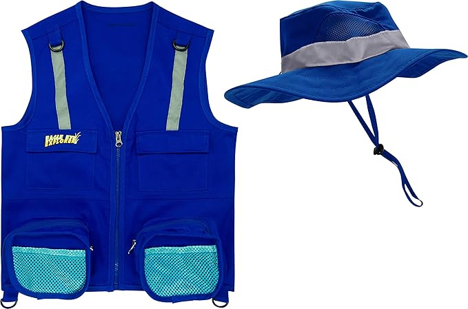 Dark Blue S/M Fits Youth Size 4-7 Combination Set Vest and Hat: 1 Blue Cargo Vest for Kids with Reflective Safety Straps & 1 Floppy Bucket Sun Hat with Chin Strap. Color: Navy Blue S/M Size 4-7