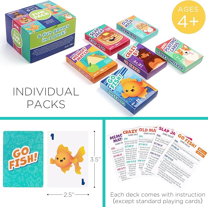 LotFancy Card Games for Kids, 6 Decks, Go Fish, Old Maid, Crazy Eights, Memory Match, Slap Jack, Animal Playing Cards, Easter Basket Stuffers, Stocking Stuffers