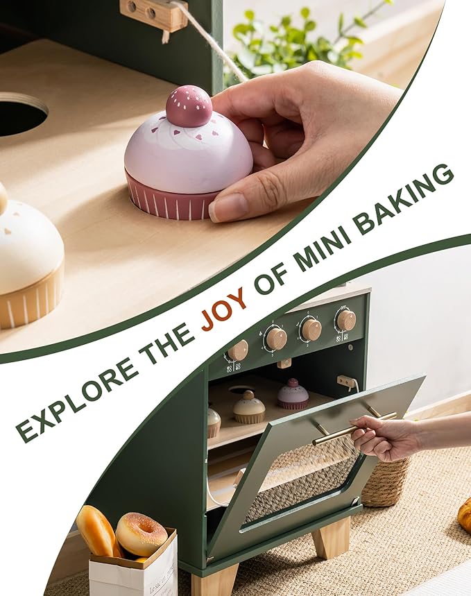 ROBUD Vintage Wooden Toy Kitchen Oven for Kids, Pretend Play Oven with Push-Pull Baking Tray, Realistic Sound Effects, Ideal Gift for 3+ Years Old Grils and Boys