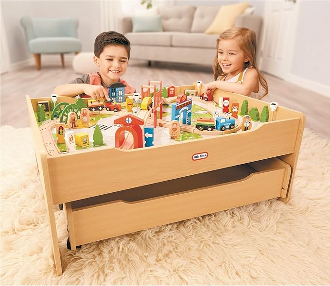 Little Tikes Real Wooden Train and Kids Table Set with Over 80 Multicolor Pieces Activity Table with Storage, Tracks, Trains, Cars, and More - Train Set Table Playset for Boys and Girls 3+ Years