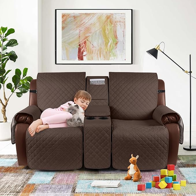 KinCam 100% Waterproof Recliner Loveseat Cover with Console, Non-Slip Reclining Couch Covers for 2 Seat, Recliner Sofa Cover Furniture Protector with Elastic Straps for Kids, Pets, Deep Brown