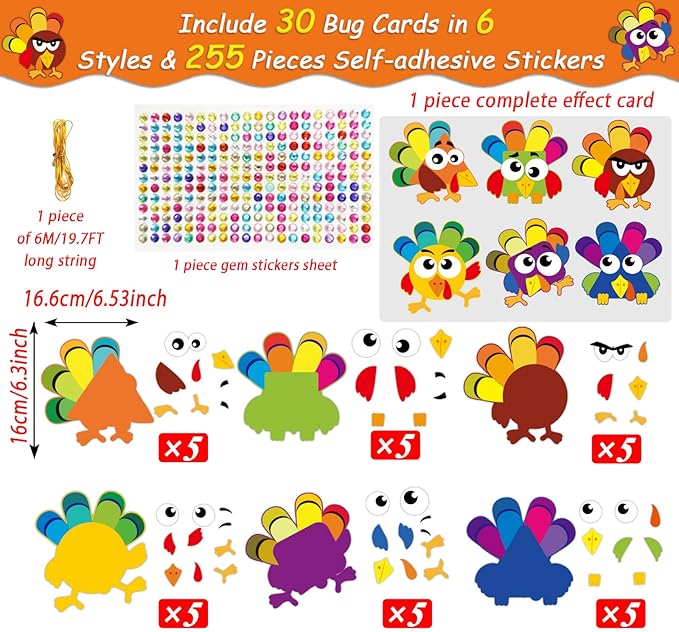 chiazllta 30Pcs Thanksgiving Craft Kits DIY Turkey Craft for Kindergarten Kids, Fall Art Craft Make Your Own Turkey Card Sticker Set for Home Class Game Activities Preschoolers