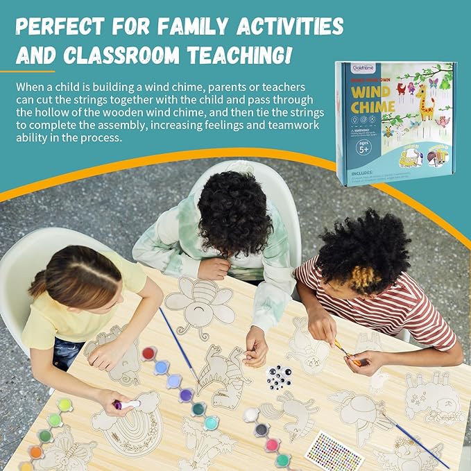DIY Wind Chime Kit for Kids - Make Your Own Coloring Wooden Crafts for Girls & Boys - Hanging Ornaments for Easter Party Decoration