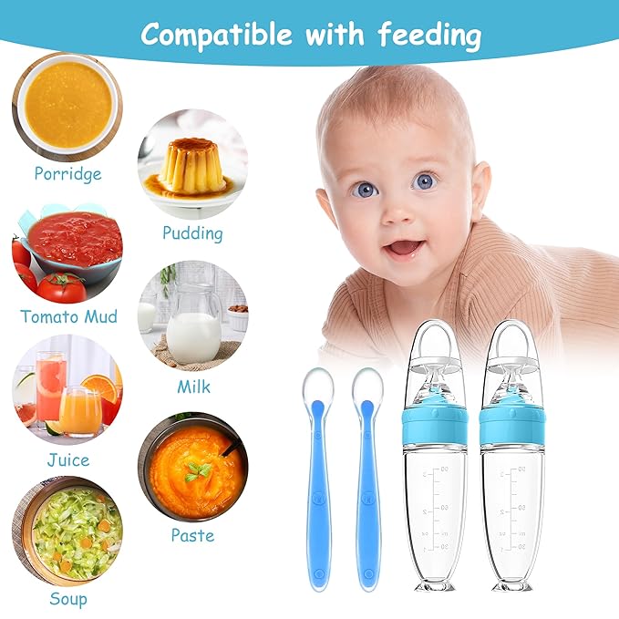 WAJIAYON Baby Food Feeder 4 Pack Silicone Baby Food Dispensing Spoon-3 oz Squeeze Feeding Spoons with Suction Cup for Boys Girl Kids Toddlers - Self Feeding Bottle Spoon-Sky Blue