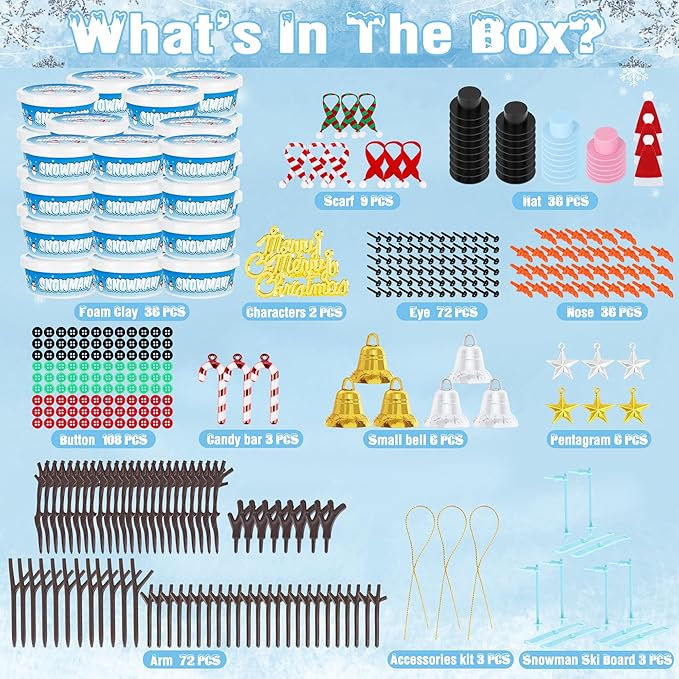 EOBOH 36 Pack Snowman Kit Set, Build a Snowman Christmas Craft, Creative Air Dry Clay Modeling Winter Decorations Indoor, Crafts Kit for Christmas Activities School Family Winter Party Supplies
