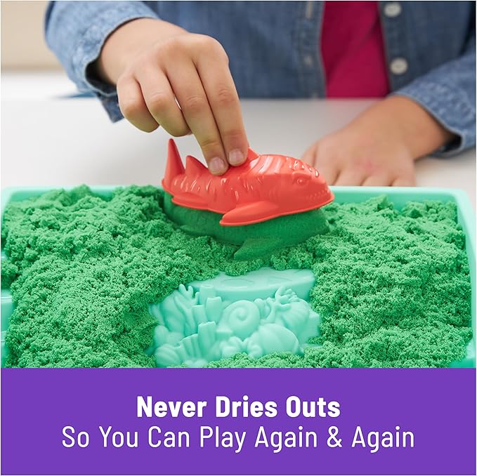 Kinetic Sand, Sandbox Set with 1lb Green Play Sand, 4 Tools & Molds, Storage, Sensory Toys for Kids Ages 3 and up