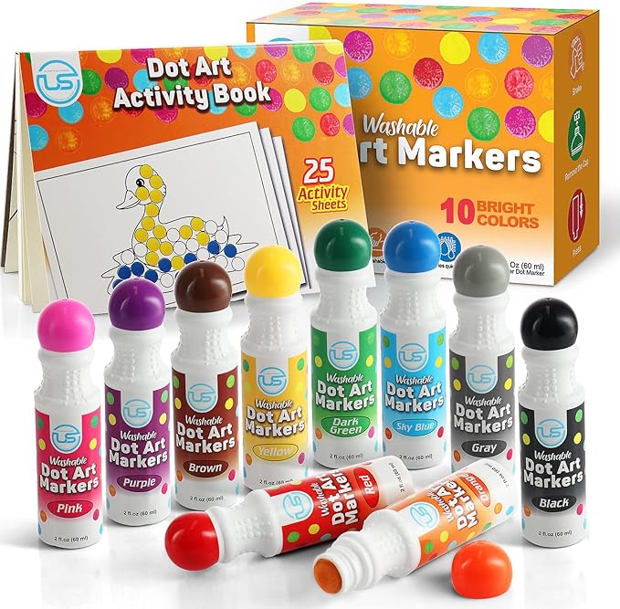 Dot Markers for Toddlers Activities and Kids 10 Colors Washable Bingo Daubers, Dot Art, Toddler Art and Crafts, Bingo Markers and Includes a Free Dotting Markers Activity Book