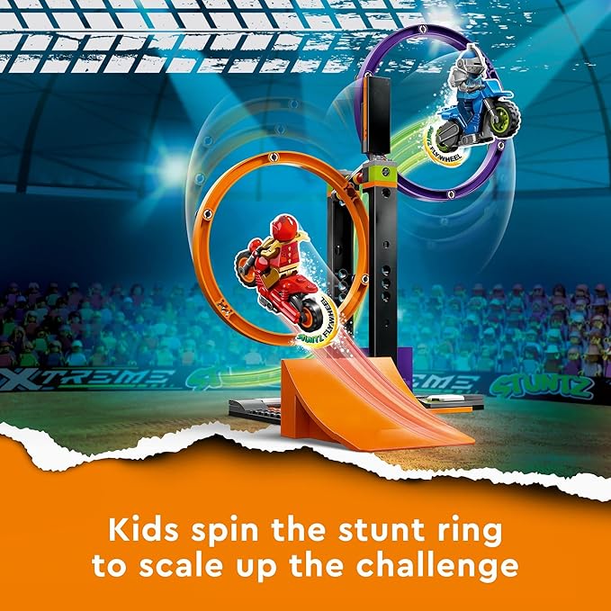 LEGO City Stuntz Spinning Stunt Challenge 60360-1 or 2 Player Tournaments with Flywheel-Powered Motorcycle Toys, Features 2 Minifigures and Ramps, Fun Gift Set Idea for Boys, Girls, or Kids Ages 6+