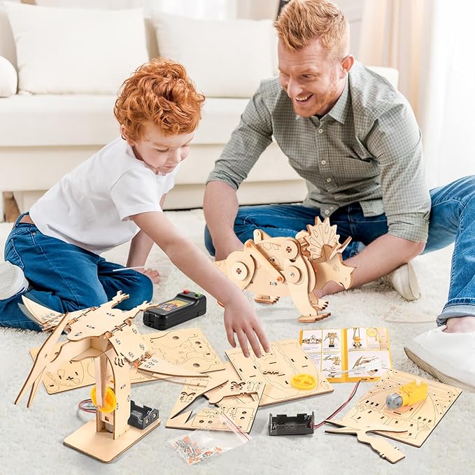 Dinosaur STEM Kits for Kids Ages 6-8-10-12, 4 in 1 Wood Building Toys for Boys Age 8-12, Build It Yourself Woodworking Kit, DIY 3D Wooden Puzzles Model Science Crafts for Kids, Stem Projects
