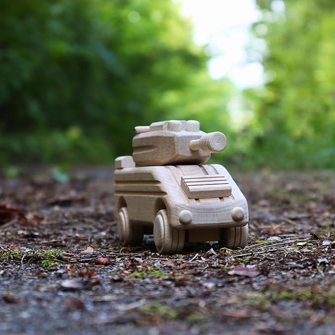 Handmade Wooden Toy Transporter, Paintable WW2 Army Car, Rotating Turret & Wheels, Children's Handcrafted Military Toy, Ideal for Boys, Decoration, Kids Play and Learning