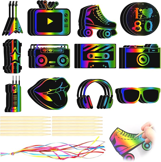 NODMIPNS 36 Pieces 80s Party Scratch Art for Adult,Retro 1980s Hip Hop Party Rainbow Scratch Paper Kit Scratch Crafts Art Set,Back to The 80s Birthday Party Favors DIY Ornament for Christmas Tree