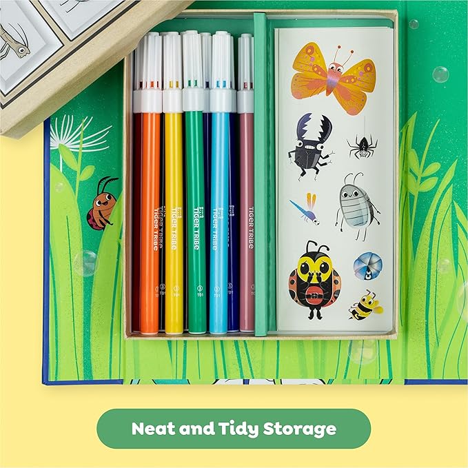 Tiger Tribe: Coloring Set - Backyard Bugs - All-in-1, Stickers & Markers, Cute Garden Critters, Magnetic Sealed Storage Box for Travel, Kids Ages 5+