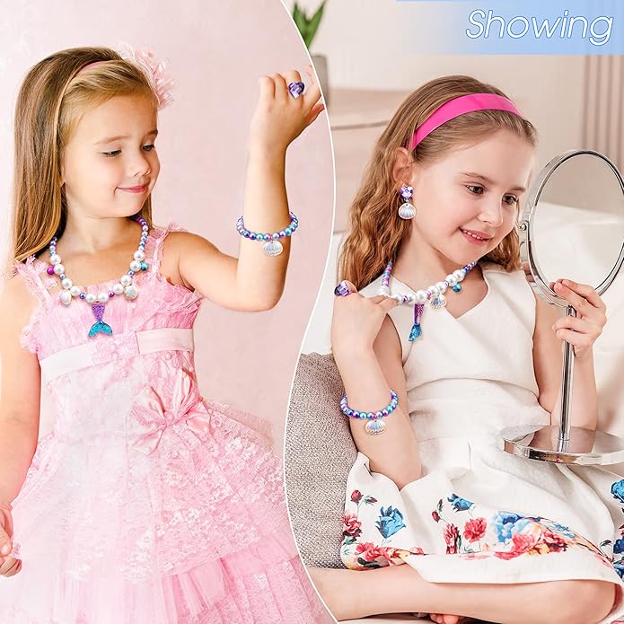 Jadive Mermaid Jewelry for Girls, Kids Mermaid Necklace Bracelet Ring Earrings Set Jewelry Gifts for Kids Toddler Pretend Play Christmas Dress up Party Decorations