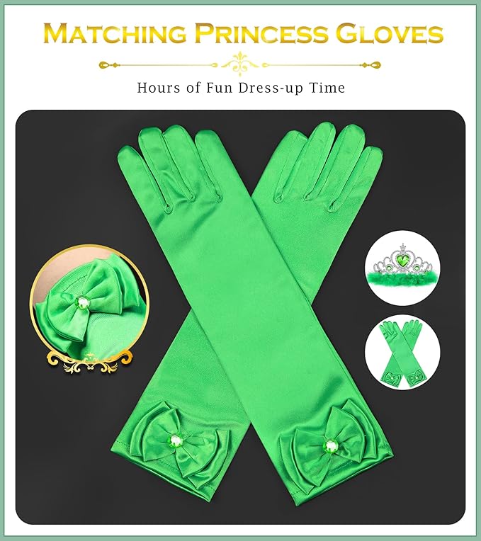 Princess Dress Up Accessories Princess Gloves, 7pcs Dress Up Set for Toddler Girls (Green, 7PCS)