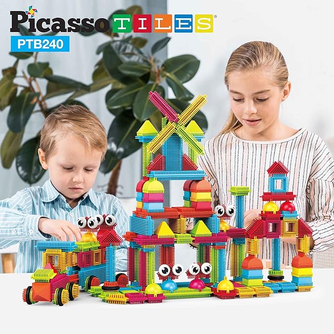 PicassoTiles 240pcs Hedgehog Interlocking Building Shape 3D Blocks, STEAM Educational, Creative, Fun Construction Playset, Sensory Toy Gift for Preschool and Kindergarten Kids, Ages 3 and Up, PTB240