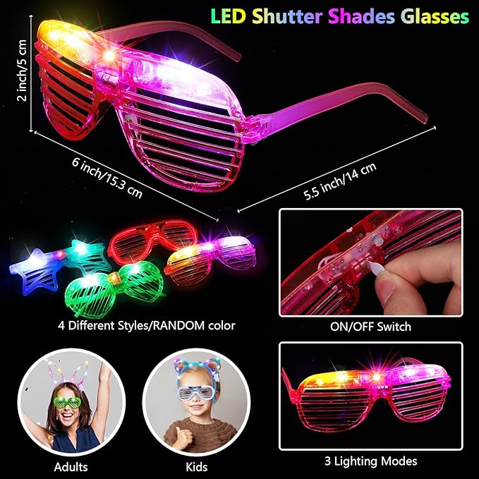 ADXCO 60 Pieces Glow in the Dark Party Supplies Neon Party Favor LED Light Up Party Favors with Flashing Glasses Flower Headband Crown Bracelets Rabbit Cat Ear Headband for Neon Party