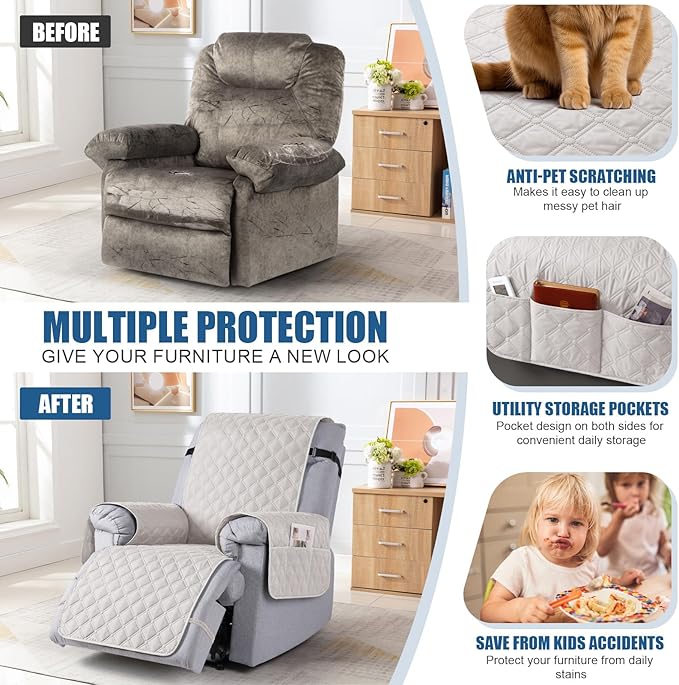 TAOCOCO 100% Waterproof Recliner Covers, Recliner Sofa Covers with Leg Straps, Reversible Recliner Couch Cover for Reclining Chair, Washable Couch Protector for Pets Kids(1 Seater 28", Off Whit)