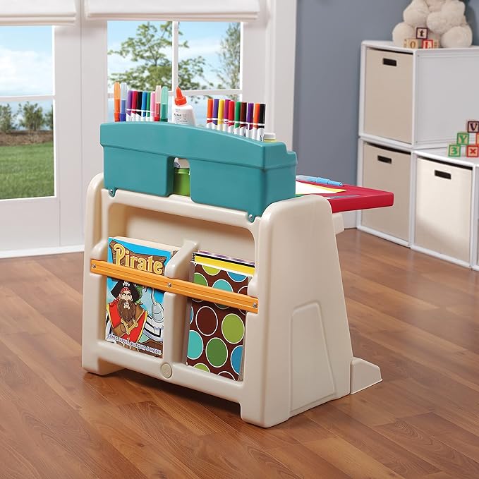 Step2 Flip & Doodle Easel Desk With Stool, Kids 2 in 1 Activity Table, Art Board, Made of Durable Plastic, For Toddlers 2+ Years Old