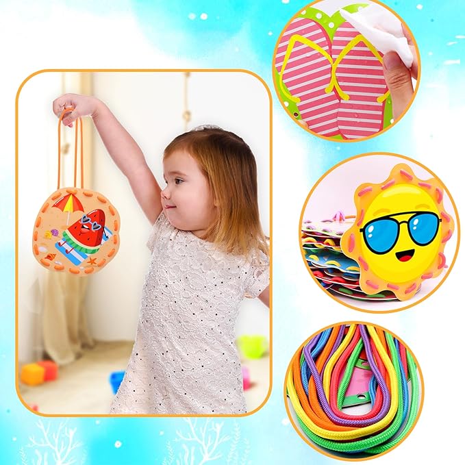 Summer Lacing Cards Sewing Cards 12 Pack Beach Theme Pool Party Decoration Double Sided Cardboard Lacing Playing Games for Kids Toddler Preschool Home Developing Imagination Education Supplies