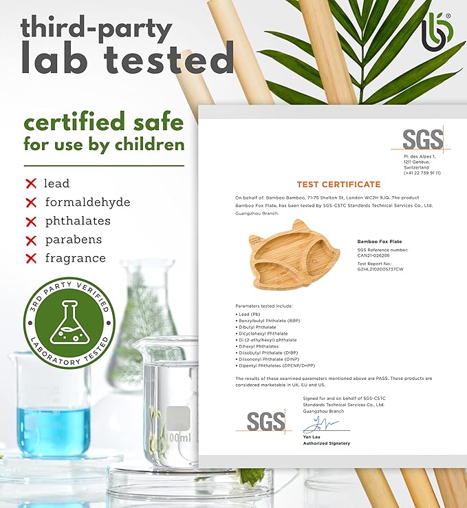 Bamboo Baby Plate with Suction - Kids and Toddler Suction Cup Plate for Babies, Non-Toxic All-Natural Bamboo Baby Food Plate Stays Cool to The Touch for Baby-Led Weaning (Fox-Orange)