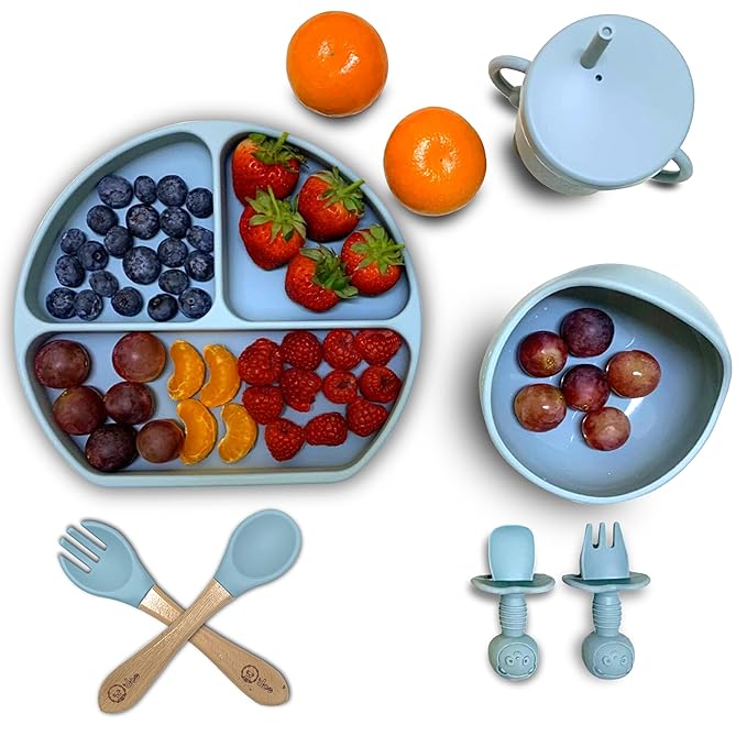 O'doe 17-Piece BPA-Free Silicone Baby Feeding Set | Thick & Soft Suction Plates, Baby Bowls, Wooden Fork & Spoon, and More | Make Mealtime Fun and Easy for Your Little One (Blue, V2)