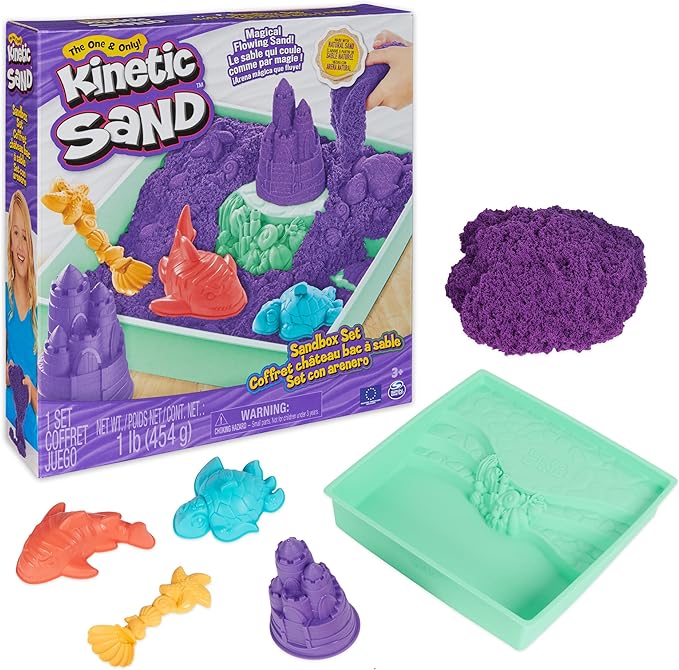 Kinetic Sand, Sandbox Set with 1lb Purple Play Sand, 4 Tools & Molds, Storage, Sensory Toys for Kids Ages 3 and up