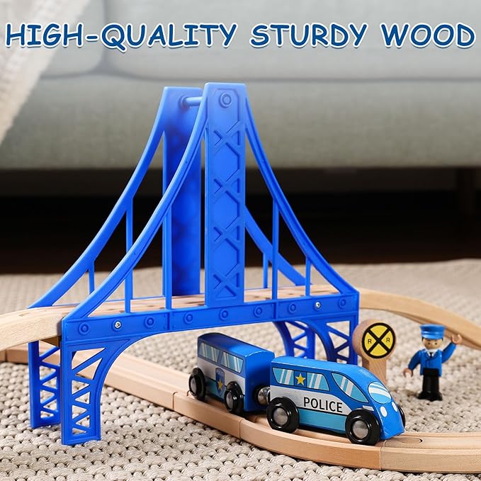 SainSmart Jr. Wooden Train Set - Interactive Police Playset for Kids | Building Toy with Train, Figures & Accessories | Compatible with Brio, Thomas, Melissa and Doug | Educational STEM Gift