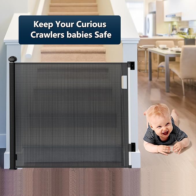 Bulubaky Extra Tall Safety Retractable Baby Gate Adjustable Wide Retractable Dog Gate Mesh Baby Gate Child Gate for Doorway, Hallway, Stair Gates for Kids or Pets (Black, 33" Tall x 71")