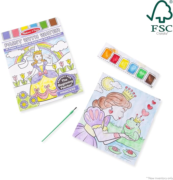 Melissa & Doug Paint With Water - Princess, 20 Perforated Pages With Spillproof Palettes