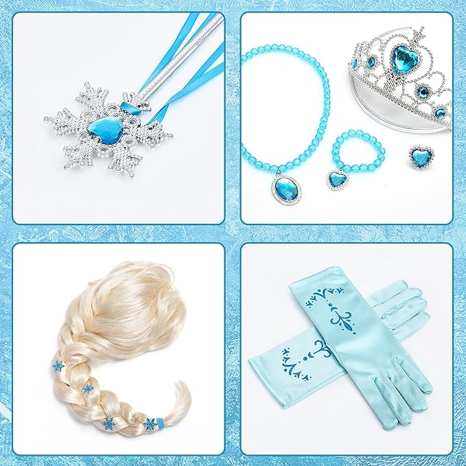 Tacobear Elsa Costume for Girls Kids Elsa Wig Blue Crown Glove Princess Dress Up Accessories Birthday Cosplay Outfit