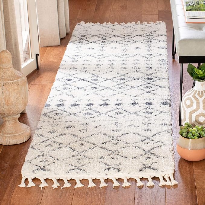 SAFAVIEH Berber Fringe Shag Collection 2'2" x 12' Cream / Dark Grey BFG516A Moroccan Non-Shedding Living Room Bedroom Dining Room Entryway Plush 1.2-inch Thick Runner Rug