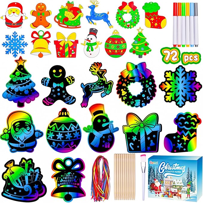 Garma 72Pcs Christmas Crafts Scratch Art for Kids, Rainbow Scratch Paper Christmas Ornaments Crafts Christmas Party Favors Toys Xmas Tree Ornaments Hanging Craft Art Kits