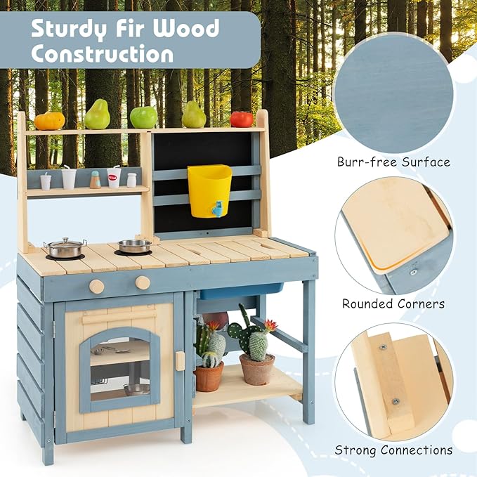Costzon 2 in 1 Mud Kitchen, Fir Wood Outdoor Play Kitchen & Grocery Store w/Removable Sink, Water Box & Faucet, Stoves, Storage Bag, Metal Baskets, Double-Sided Kids Kitchen Playset for Boys Girls 3+