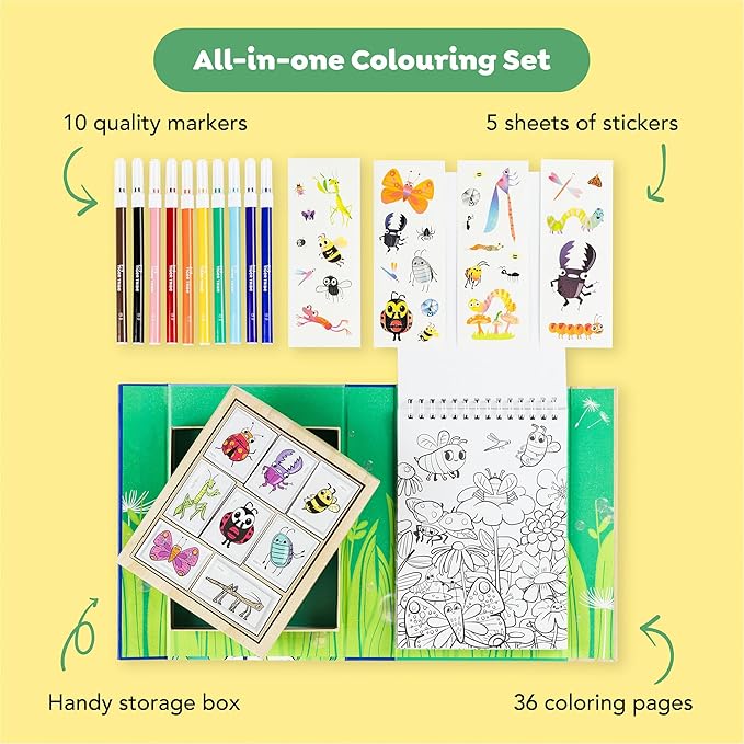 Tiger Tribe: Coloring Set - Backyard Bugs - All-in-1, Stickers & Markers, Cute Garden Critters, Magnetic Sealed Storage Box for Travel, Kids Ages 5+