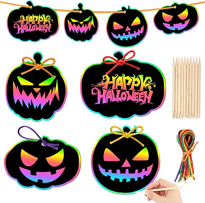 JULMELON 36 Pieces Halloween Scratch Paper Crafts Kit Bulk of Halloween Pumpkins Magic Rainbow Scratch Art for Kids DIY Party Ornaments Halloween Decor with 12 Wooden Sticks and 36 Colorful Ribbons