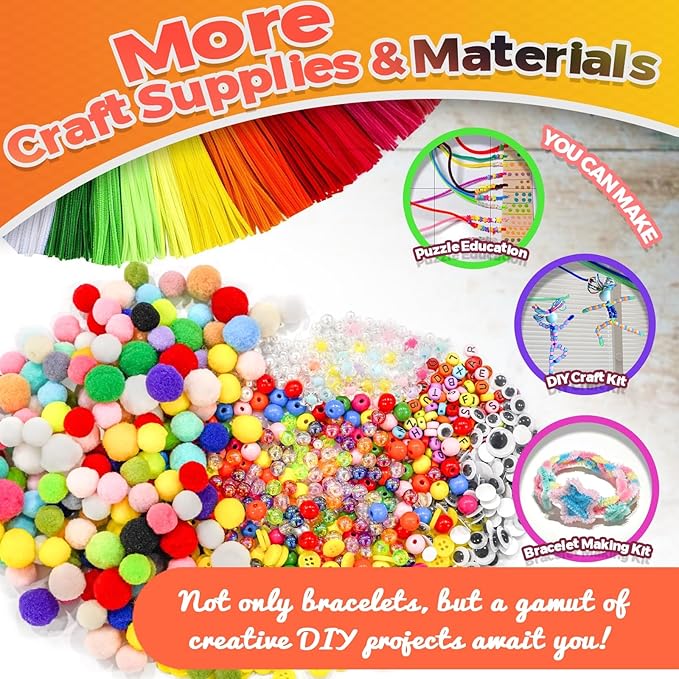URSDIART 1000+Pcs Art and Craft Supplies, Colored Beads and Pipe Cleaners Crafts, Art Supplies DIY Craft Kit Beads for Bracelets Making Jewelry Necklace, Gift for Girls and School Supplies